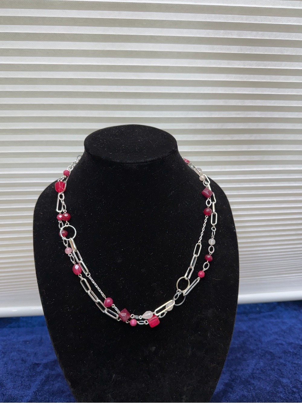 Vintage Red & Silver tone Beaded Necklace